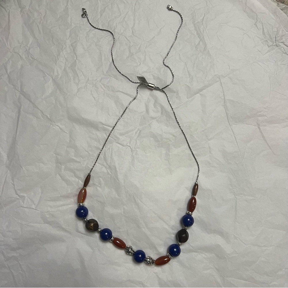 Brighton SOL Blue Orange and Brown Beaded Silverplated Adjustable Necklace New - Picture 2 of 8